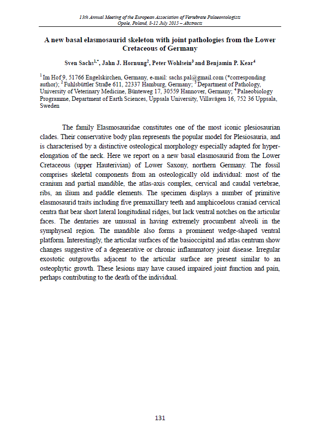 A new basal elasmosaurid skeleton with joint pathologies from the Lower Cretaceous of Germany pdf
