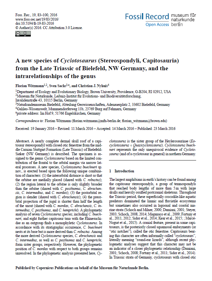 A new species of Cyclotosaurus (Stereospondyli, Capitosauria) from the Late Triassic of Bielefeld, NW Germany, and the intrarelationships of the genus pdf