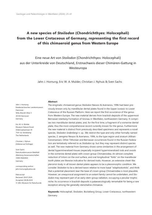 A new species of Stoilodon (Chondrichthyes: Holocephali) from the Lower Cretaceous of Germany, representing the first record of this chimaeroid genus from Western Europe pdf