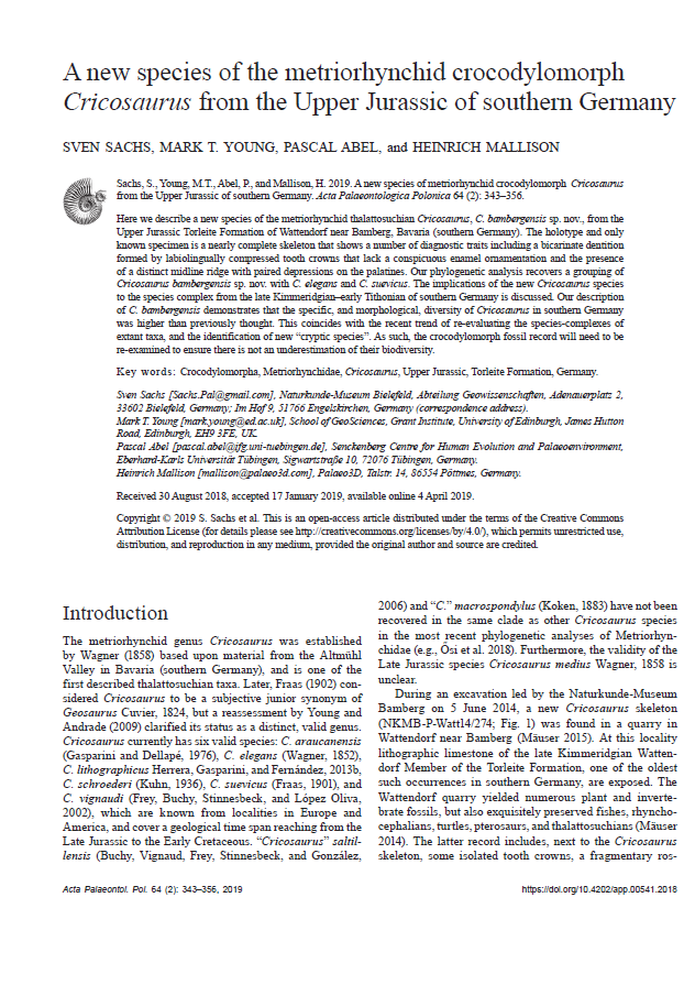 A new species of the metriorhynchid crocodylomorph Cricosaurus from the Upper Jurassic of southern Germany pdf
