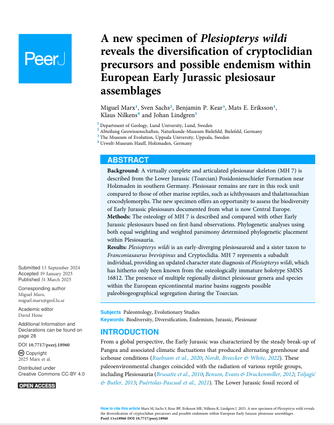 A new specimen of Plesiopterys wildi reveals the diversification of cryptoclidian precursors and possible endemism within European Early Jurassic plesiosaur assemblages