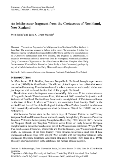 An ichthyosaur fragment from the Cretaceous of Northland, New Zealand pdf