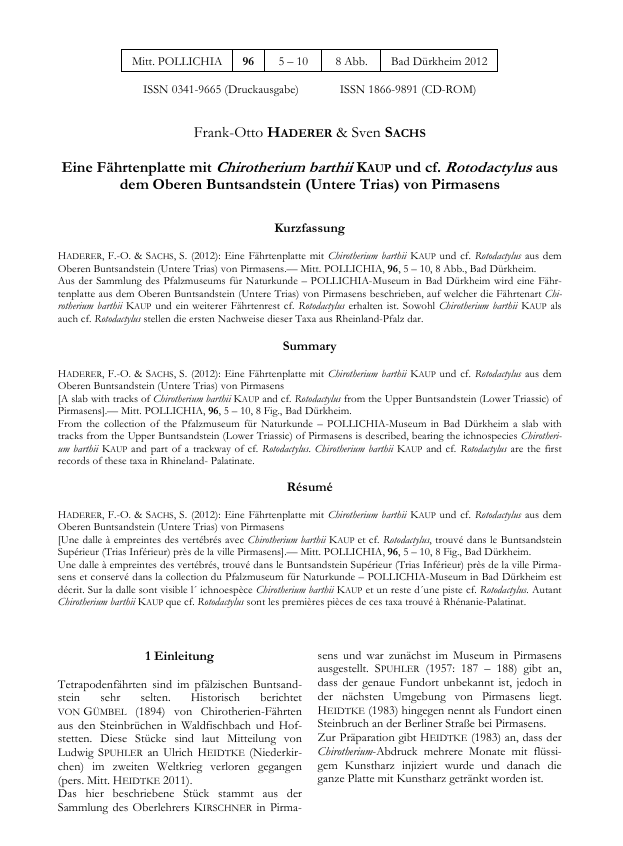 Eine Fährtenplatte mit Chirotherium barthii KAUP und cf. Rotodactylus aus dem Oberen Buntsandstein (Untere Trias) von Pirmasens pdf