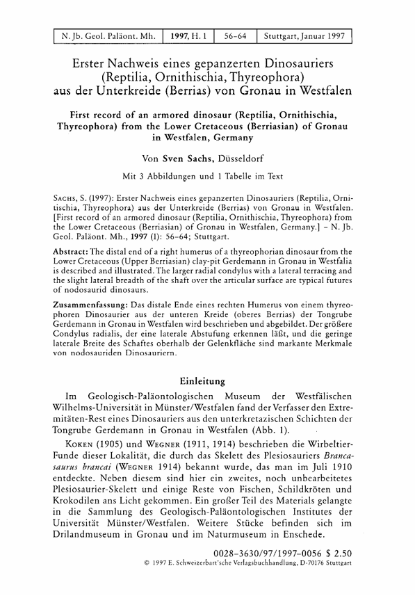 Erster Nachweis eines gepanzerten Dinosauriers (Reptilia, Ornithischia, Thyreophora) aus der Unterkreide (Berrias) von Gronau in Westfalen pdf