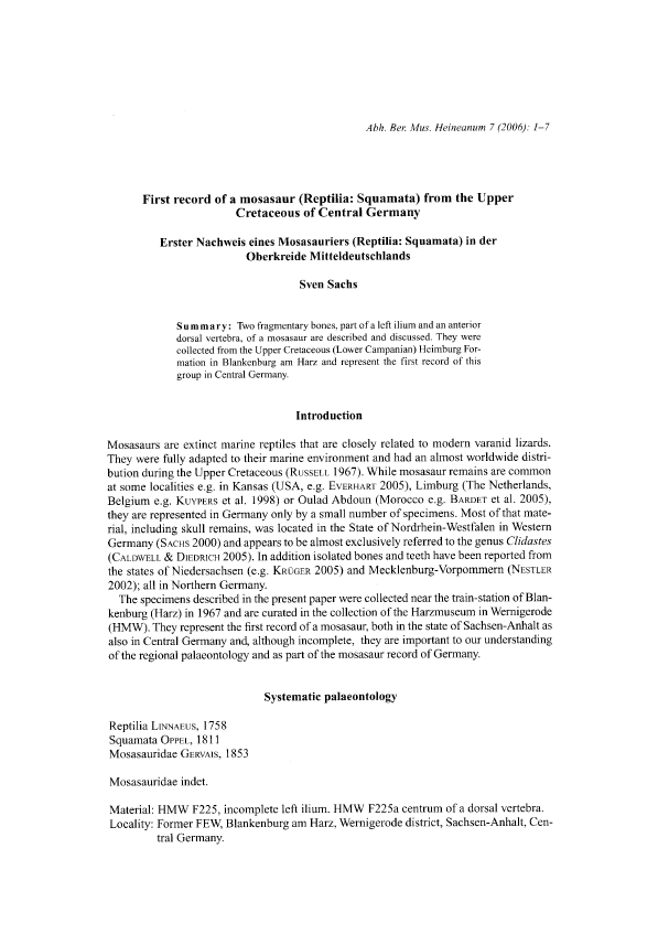 First record of a mosasaur (Reptilia Squamata) from the Upper Cretaceous of Central Germany pdf