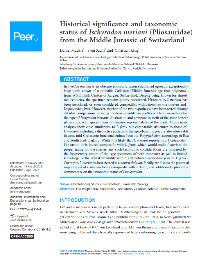 Historical significance and taxonomic status of Ischyrodon meriani (Pliosauridae) from the Middle Jurassic of Switzerland pdf