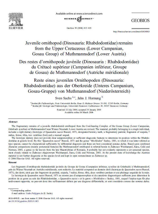 Juvenile ornithopod (Dinosauria Rhabdodontidae) remains from the Upper Cretaceous (Lower Campanian, Gosau Group) of Muthmannsdorf (Lower Austria) pdf