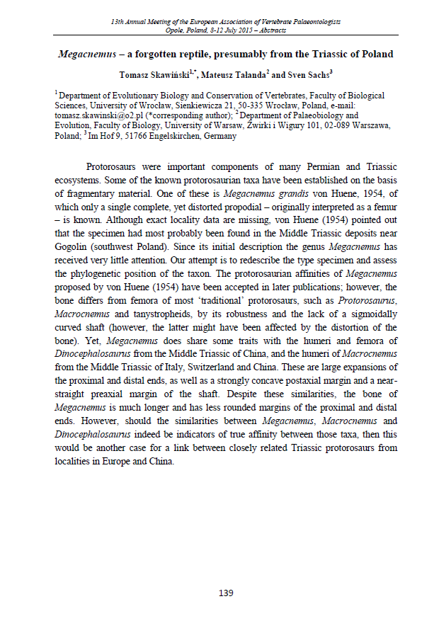 Megacnemus – a forgotten reptile, presumably from the Triassic of Poland pdf