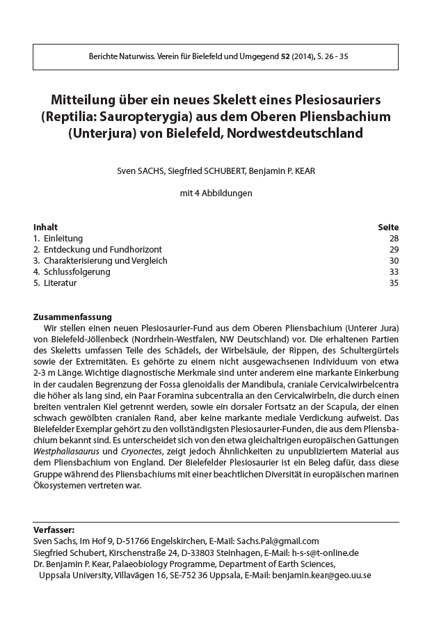 Mitteilung über ein neues Skelett eines Plesiosauriers (Reptilia Sauropterygia) aus dem Oberen Pliensbachium (Unterjura) von Bielefeld, Nordwestdeutschland pdf