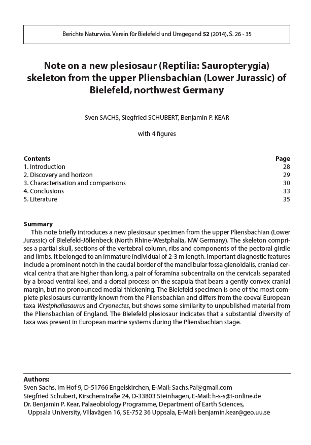 Note on a new plesiosaur (Reptilia Sauropterygia) skeleton from the upper Pliensbachian (Lower Jurassic) of Bielefeld, northwest Germany pdf