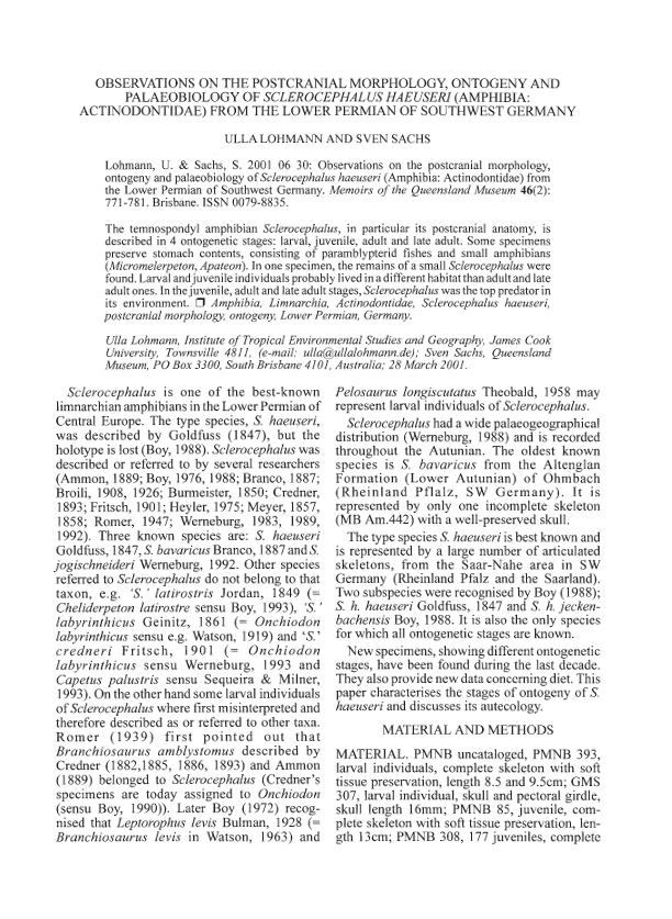 Observations on the postcranial morphology, ontogeny and palaeobiology of Sclerocephalus haeuseri (Amphibia Actinodontidae) from the Lower Permian of Southwest Germany pdf