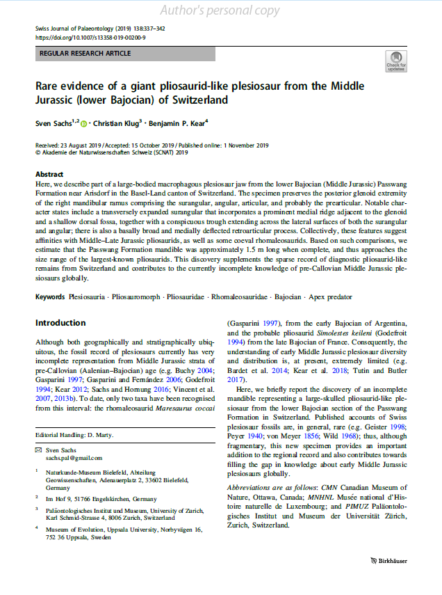 Rare evidence of a giant pliosaurid-like plesiosaur from the Middle Jurassic (lower Bajocian) of Switzerland pdf