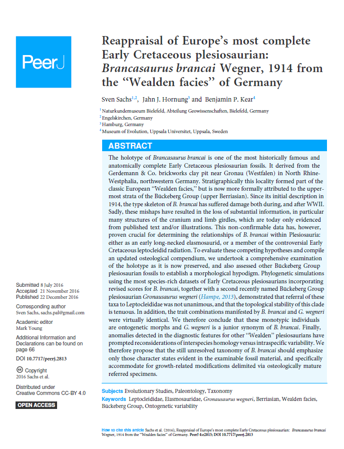 Reappraisal of Europe’s most complete Early Cretaceous plesiosaurian Brancasaurus brancai Wegner, 1914 from the “Wealden facies” of Germany pdf