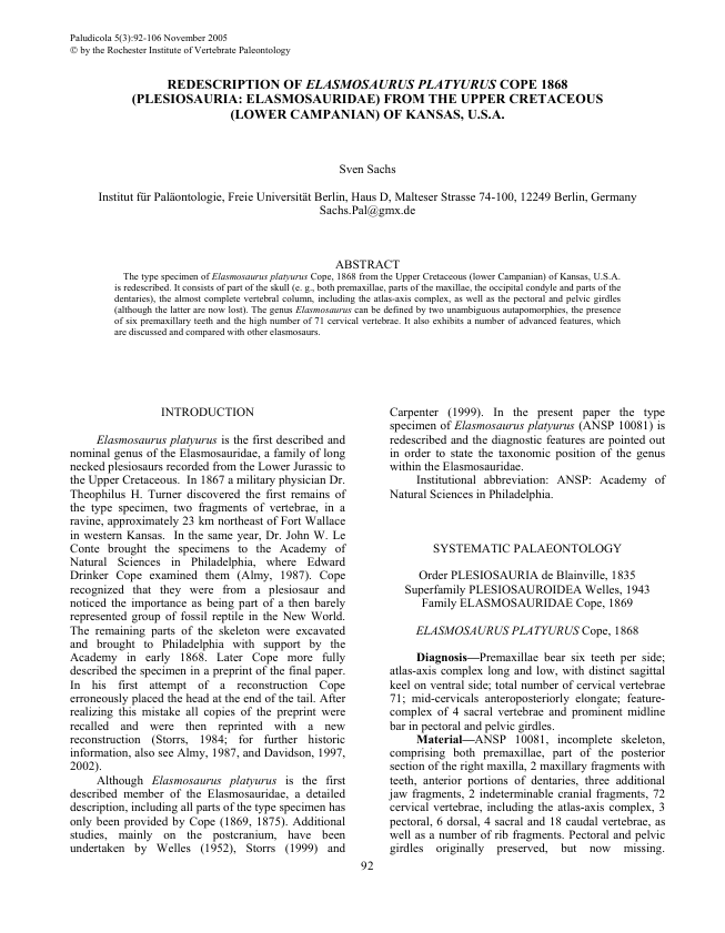 Redescription of Elasmosaurus platyurus Cope 1868 (Plesiosauria Elasmosauridae) from the Upper Cretaceous (lower Campanian) of Kansas, USA pdf