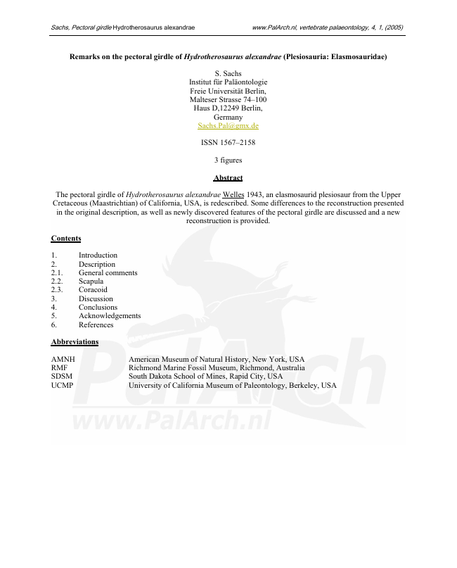 Remarks on the pectoral girdle of Hydrotherosaurus alexandrae (Plesiosauria Elasmosauridae) pdf