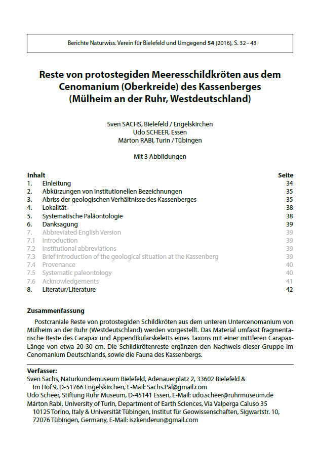 Reste von protostegiden Meeresschildkröten aus dem Cenomanium (Oberkreide) des Kassenberges (Mülheim an der Ruhr, Westdeutschland pdf