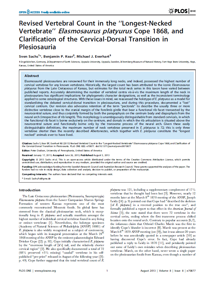 Revised vertebral count in the ‘‘longest-necked vertebrate’’ Elasmosaurus platyurus Cope 1868, and clarification of the cervical-dorsal transition in Plesiosauria pdf