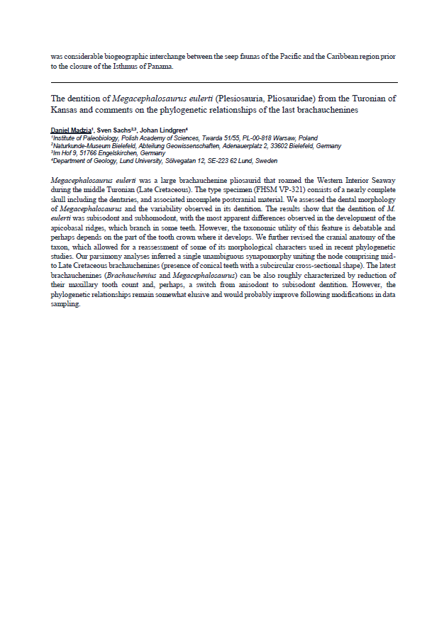 The dentition of Megacephalosaurus eulerti (Plesiosauria, Pliosauridae) from the Turonian of Kansas and comments on the phylogenetic relationships of the last brachauchenines pdf