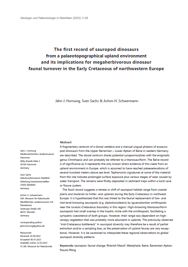 The first record of sauropod dinosaurs from a palaeotopographical upland environment and its implications for megaherbivorous dinosaur faunal turnover in the Early Cretaceous of northwestern Europe pdf