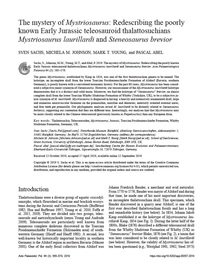 The mystery of Mystriosaurus redescribing the poorly known Early Jurassic teleosauroid thalattosuchians Mystriosaurus laurillardi and Steneosaurus brevior pdf