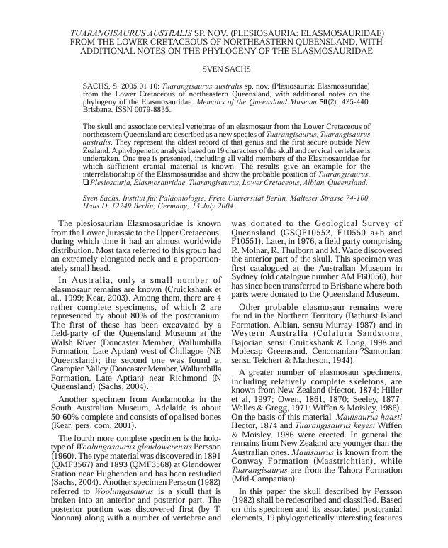 Tuarangisaurus australis sp. nov. (Plesiosauria Elasmosauridae) from the Lower Cretaceous of Northeastern Queensland, with additional notes on the phylogeny of the Elasmosauridae pdf