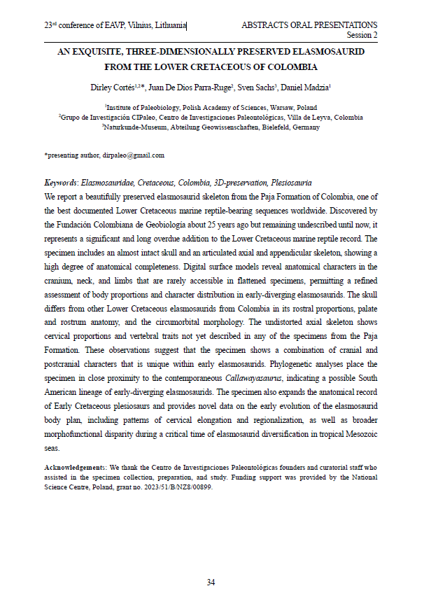 AN EXQUISITE, THREE-DIMENSIONALLY PRESERVED ELASMOSAURID FROM THE LOWER CRETACEOUS OF COLOMBIA, pdf, abstract, Callawayasaurus